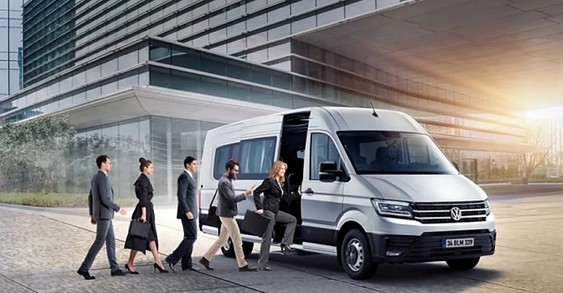 Employees boarding a corporate staff shuttle